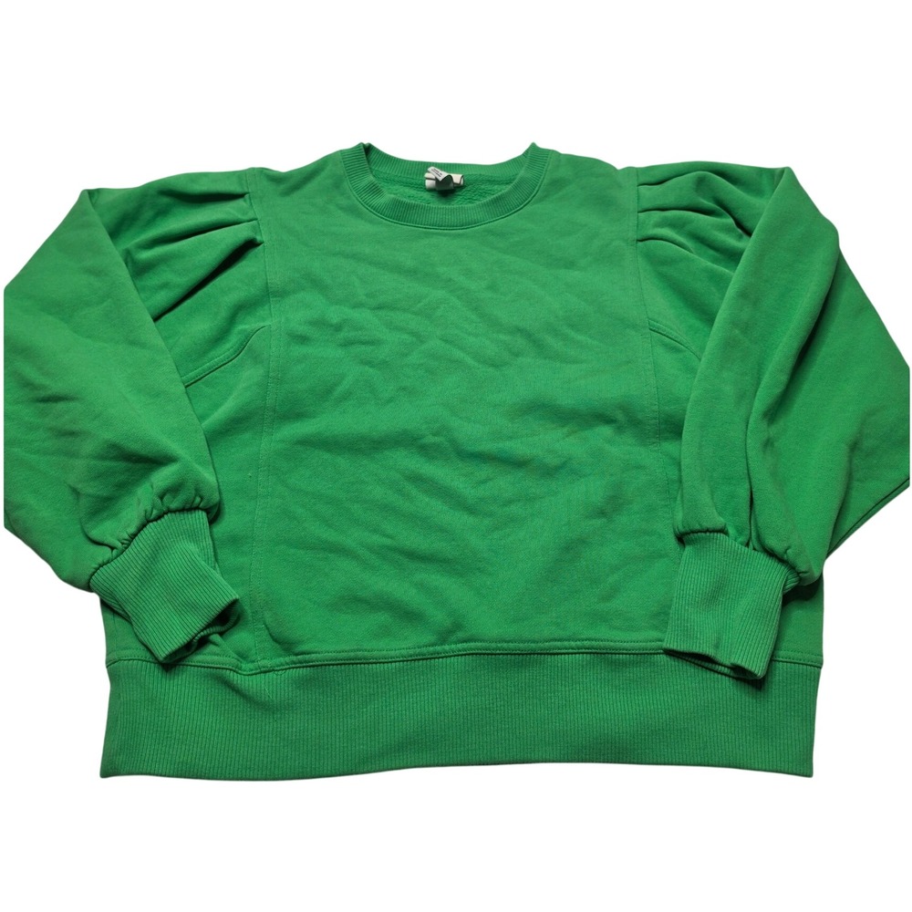 A New Day Womens Green Puff Sleeve Crewneck Sweatshirt Size M Pleated Shoulder